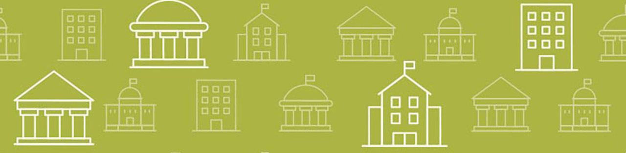 Graphic of university symbols on green background