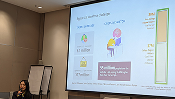 Speaker sitting in front of screen giving a presentation